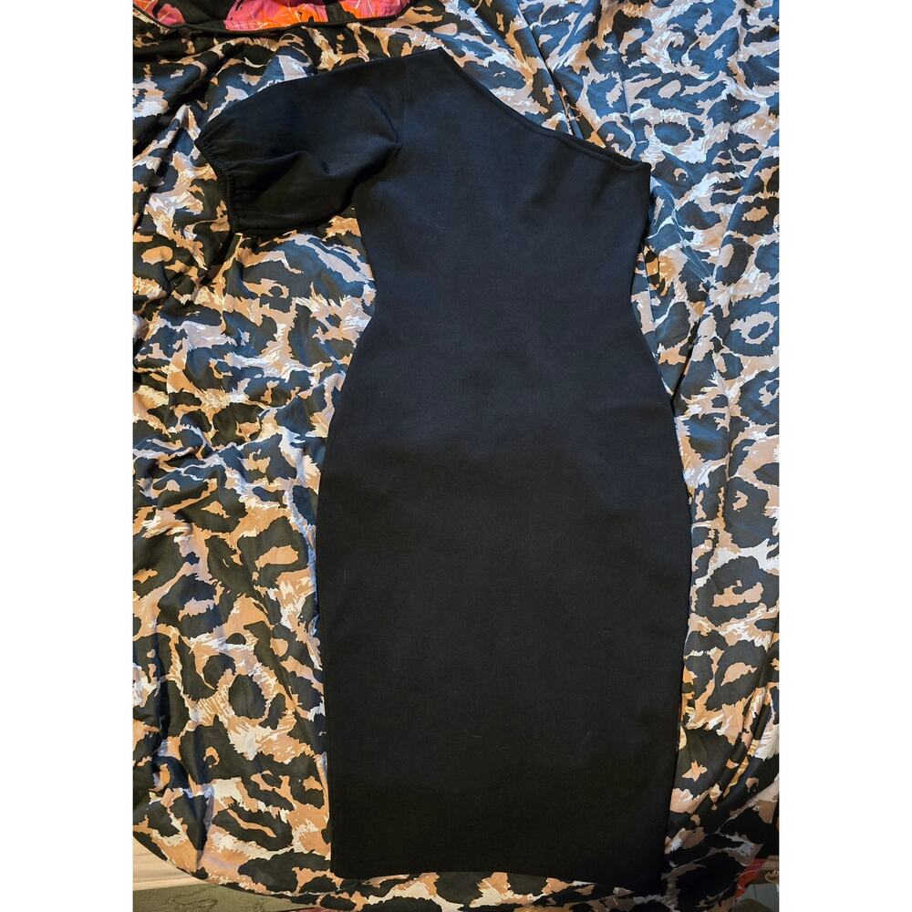 Milly one shoulder black ribbed puff sleeve mini bodycon dress medium